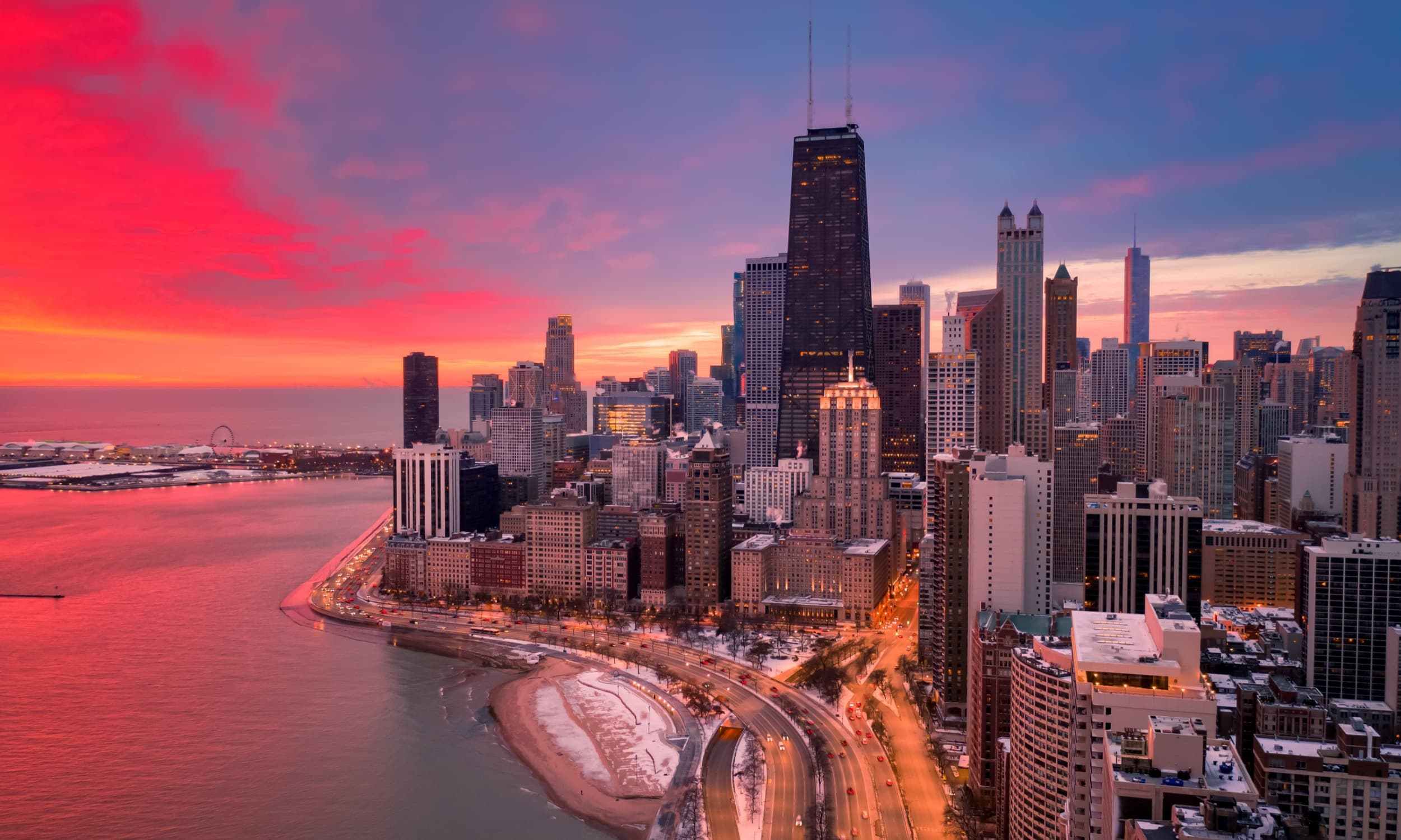 Chicago red sunrise aerial view of Gold Coast